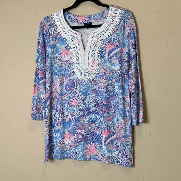 Talbots Women's Size Medium Blue Pink Floral Tunic White Applique 3/4 Sleeve - Picture 1 of 7